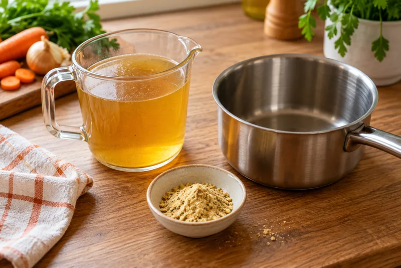 Kommetje bouillonpoeder, glazen kan bouillon en een pan