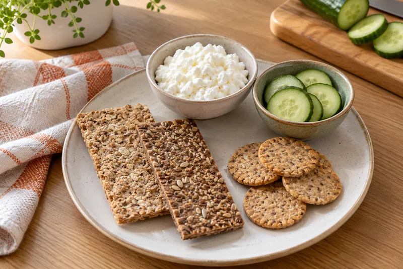 Twee soorten knäckebröd en ronde crackers naast hüttenkäse en komkommer