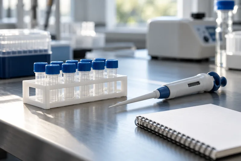 Monsterbuisjes, pipet en notitieboek op een laboratoriumtafel