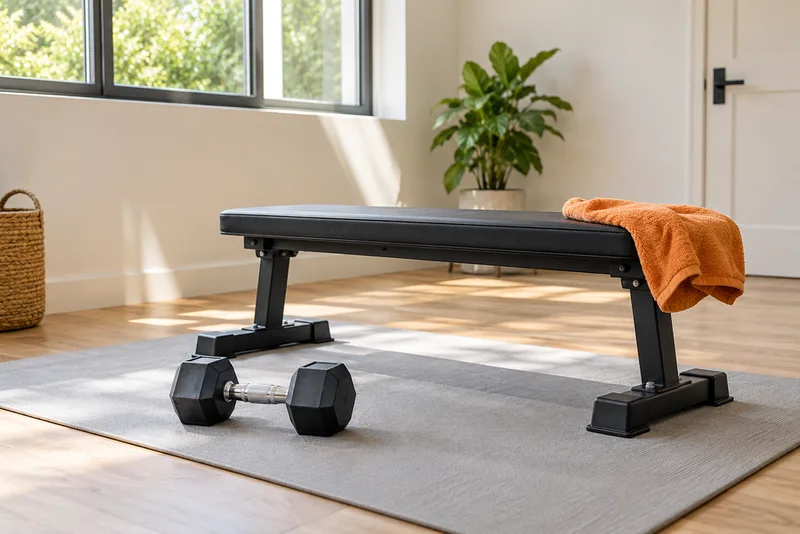 Eén dumbbell naast een vlakke trainingsbank en mat