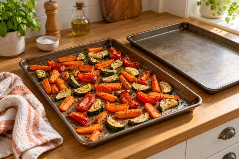 Bakplaat met geroosterde wortel, paprika en courgette naast een lege plaat