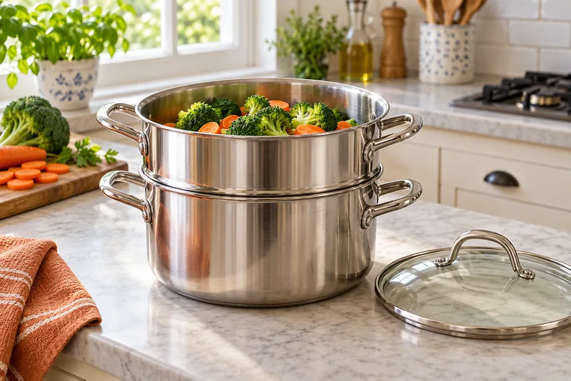 Broccoli en wortel in een stoominzet op een pan, met het deksel ernaast
