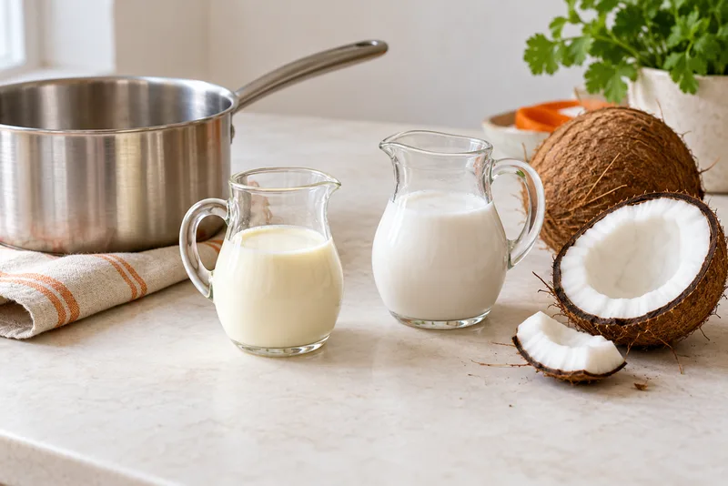 Twee kannetjes met roomkleurige vloeistof naast een kokosnoot en pan