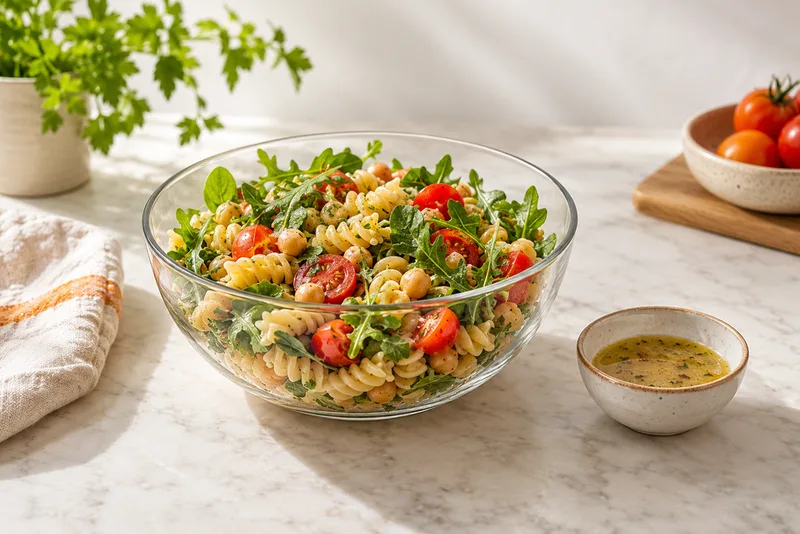 Pastasalade met kikkererwten, tomaat en bladgroente naast een schaaltje dressing