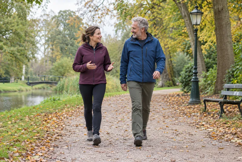 Twee mensen die wandelend met elkaar praten in een park