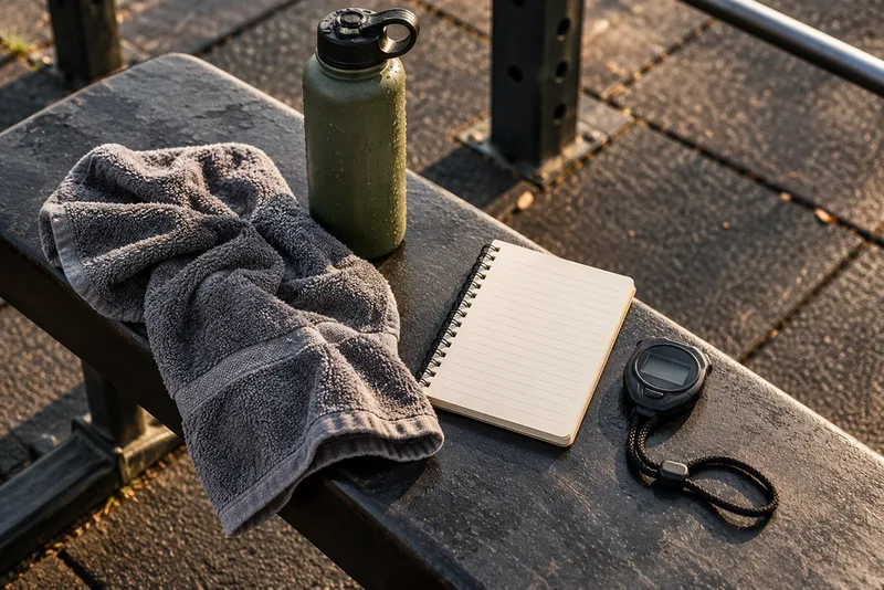 Notitieboek, stopwatch, drinkfles en handdoek op een bank