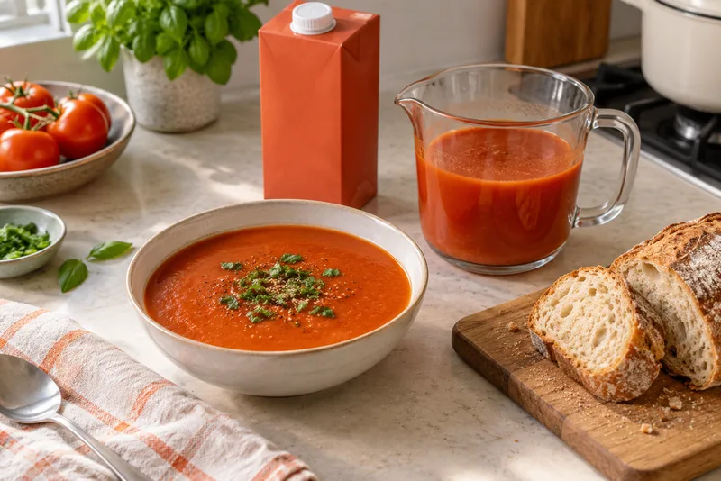 Kom tomatensoep, glazen kan, blanco pak en gesneden brood
