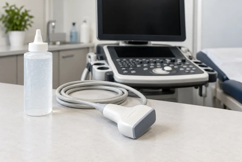 Echografieprobe, gel en een uitgeschakeld beeldscherm