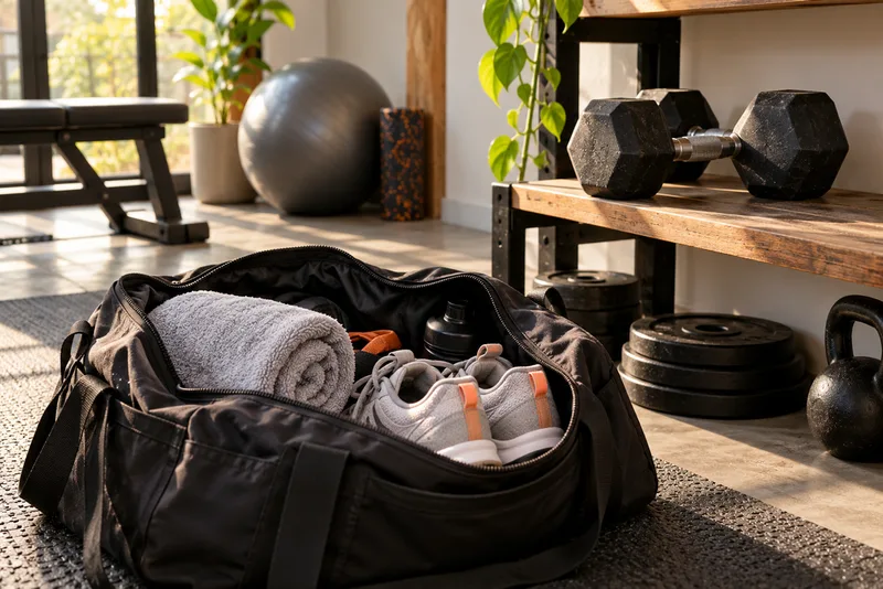 Open sporttas met schoenen en een handdoek naast dumbbells