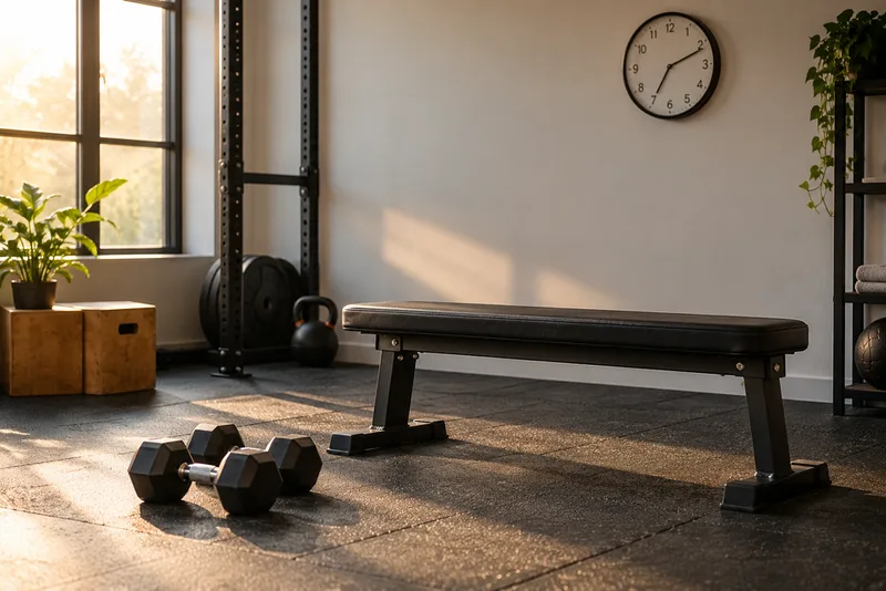 Trainingsbank en dumbbells in een rustige fitnessruimte