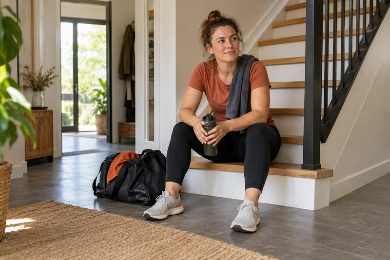 Vrouw op een trap met een drinkfles en sporttas