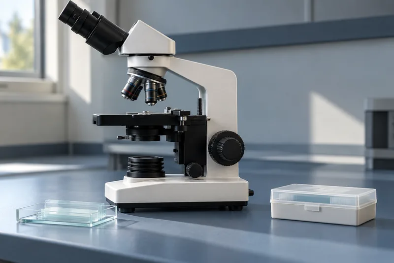 Microscoop en glazen objectglaasjes op een laboratoriumtafel