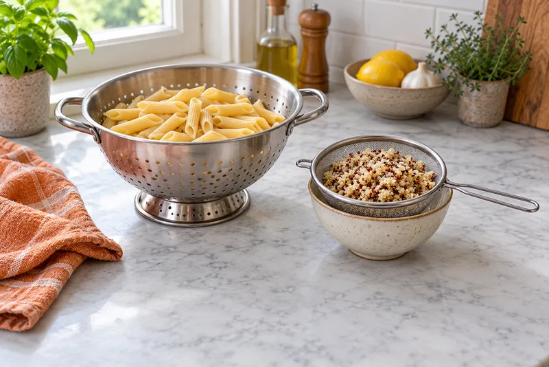 Vergiet met penne en een fijne zeef met quinoa boven een kom