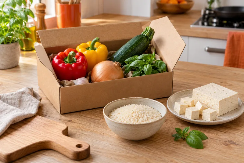 Doos met groente naast droge rijst en blokjes tofu