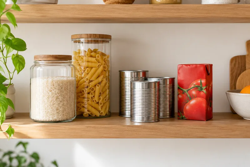Rijst en pasta in voorraadpotten naast blikken en een tomatenpak