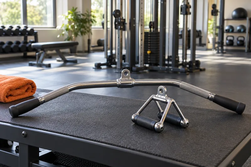 Een brede pulldownstang en een smalle roeigreep op een plank in de sportschool