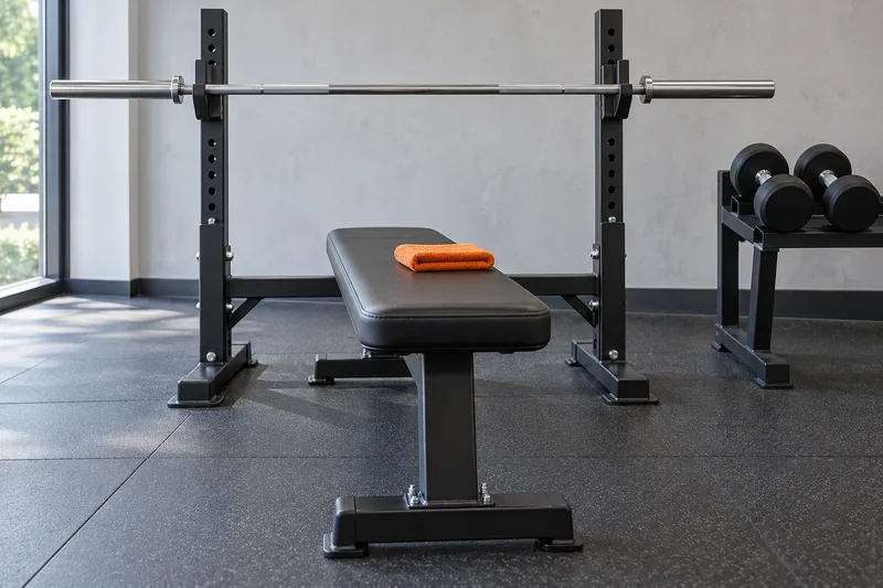 Een vlakke trainingsbank met een halterstang op steunen en dumbbells ernaast