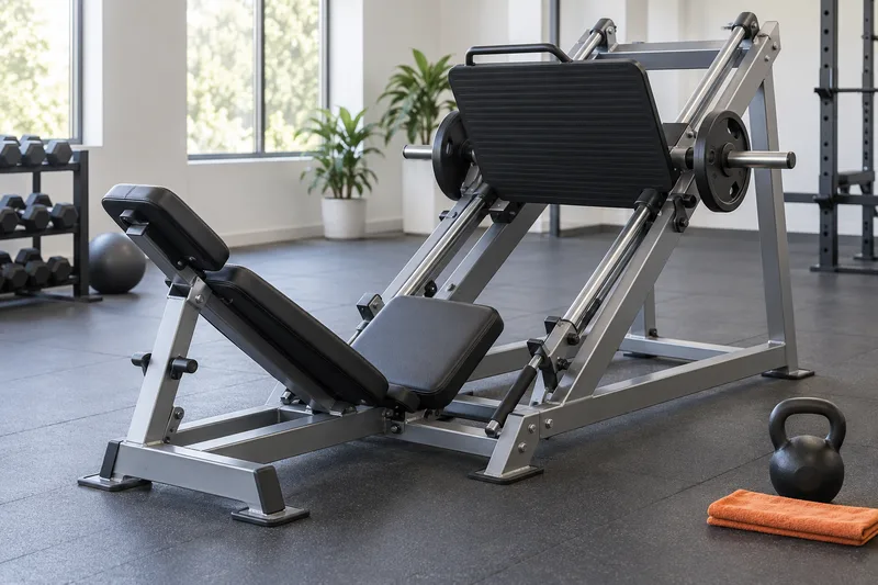 Een schuine leg press met losse gewichtsschijven en een kettlebell ernaast