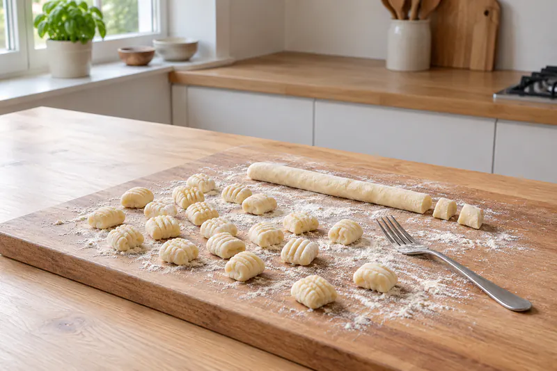 Geribbelde gnocchi, een deegrol en een vork op een met meel bestoven houten plank
