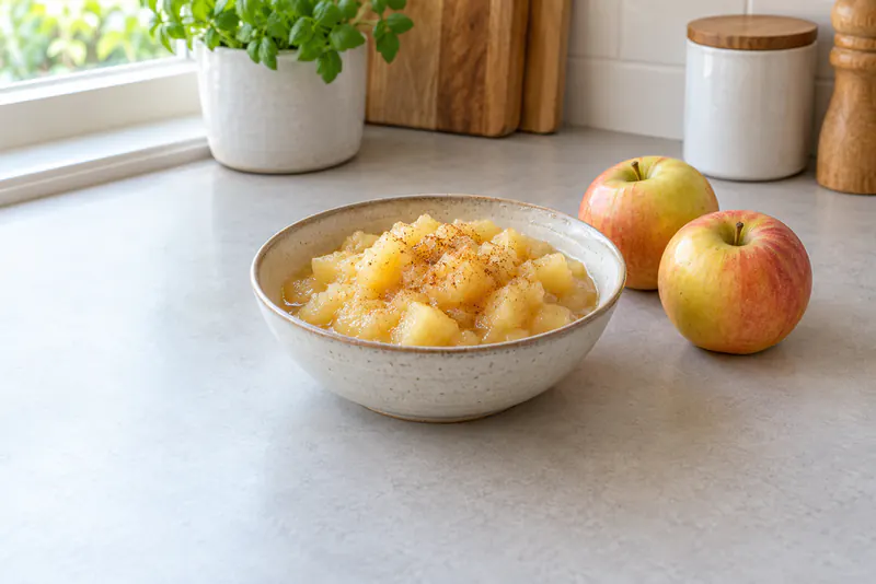 Een kom grof geprakte appel met kaneel en twee hele appels ernaast