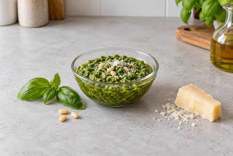 Een glazen kom groene pesto met basilicum, pijnboompitten en een stuk harde kaas ernaast