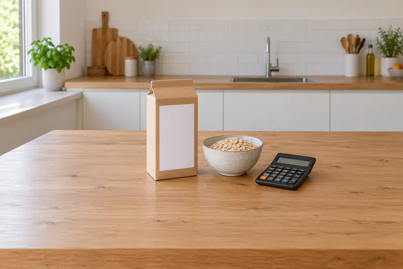 Een doos met blanco etiket, een kom havervlokken en een rekenmachine