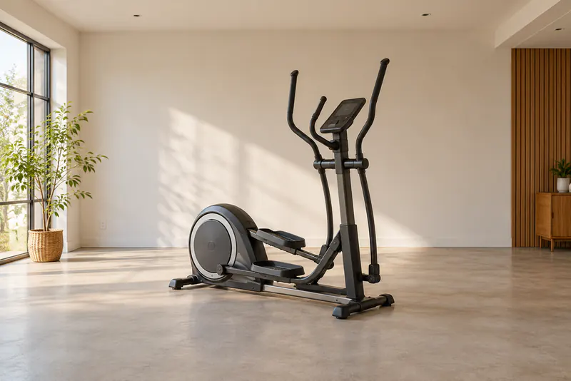 Een crosstrainer met lange handgrepen, twee pedalen en een scherm