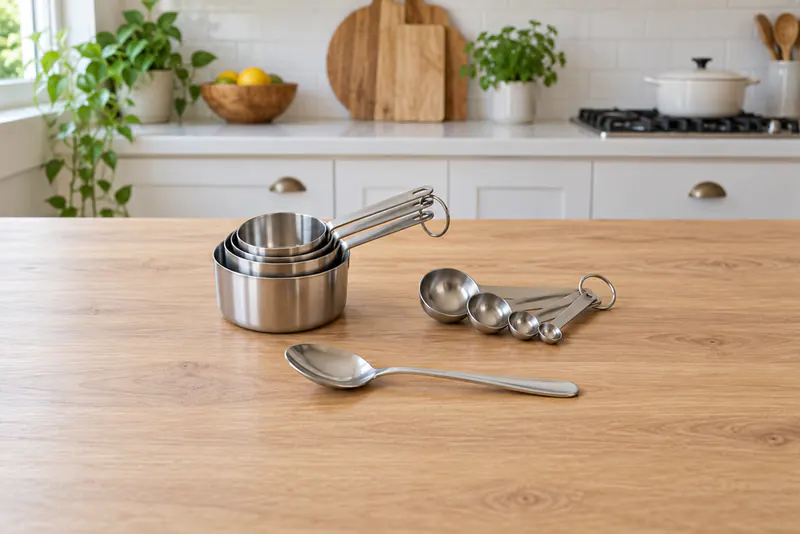Een set metalen maatbekers en maatlepels naast een gewone eetlepel