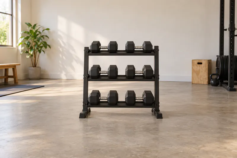 Zes zeshoekige dumbbells op een rek met drie planken