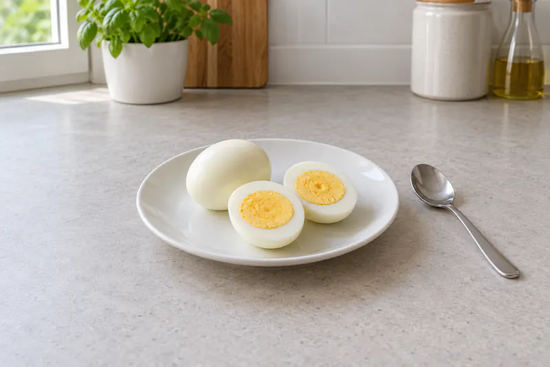 Een heel gepeld ei en twee helften met stevige gele dooiers op een bord