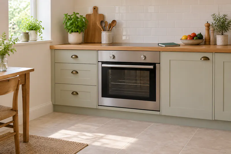 Een ingebouwde oven met twee draaiknoppen in een keuken