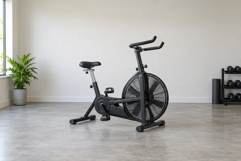 Een fitnessfiets met zadel, vaste handgrepen en een groot luchtweerstandswiel