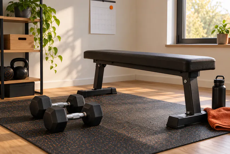 Twee vaste dumbbells naast een vlakke trainingsbank op een mat