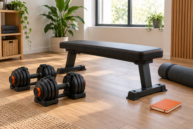 Twee verstelbare dumbbells, een vlakke trainingsbank en een opgerolde mat
