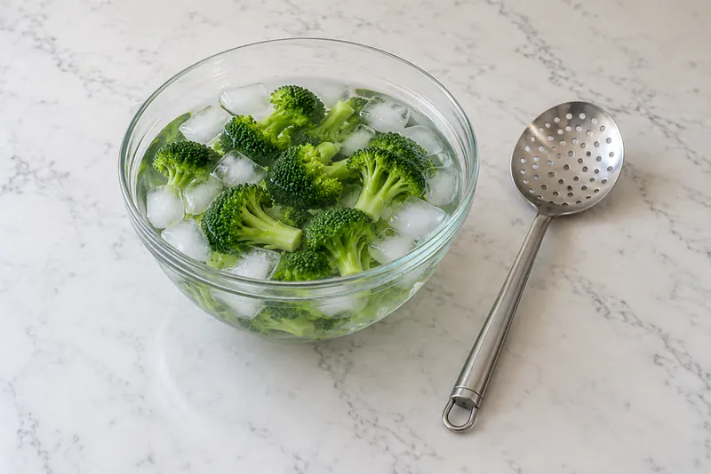 Broccoliroosjes in een glazen kom met ijswater en een schuimspaan ernaast