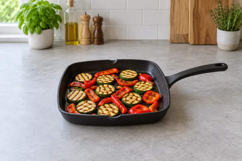 Courgetteplakken en rode paprika met grillstrepen in een vierkante grillpan