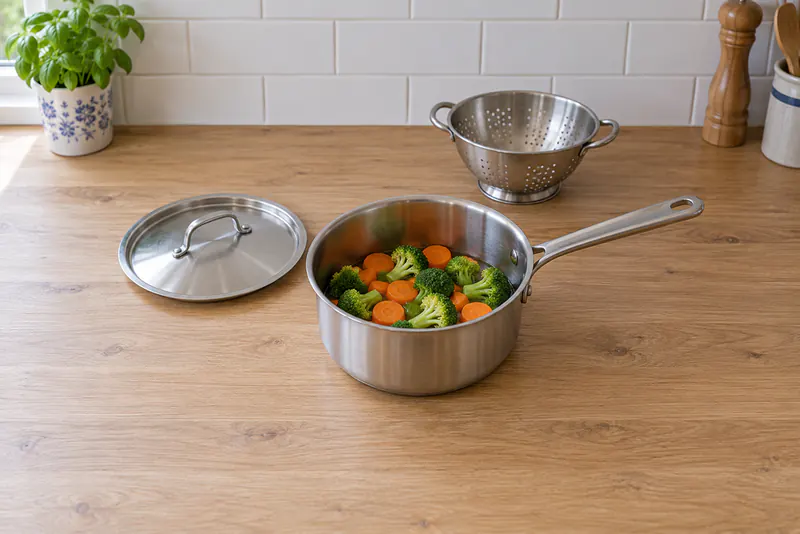 Wortelplakken en broccoliroosjes in een pan water, met een deksel en vergiet ernaast