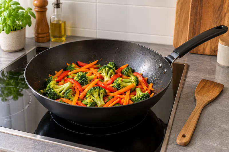 Broccoli, wortelreepjes en rode paprika in een zwarte wok met een houten spatel ernaast