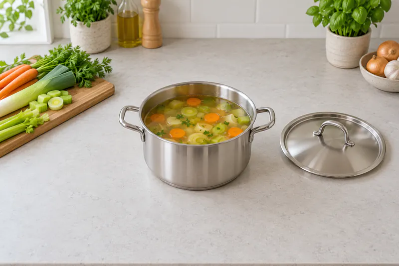 Een pan groentebouillon met wortel, prei en bleekselderij, met het deksel ernaast