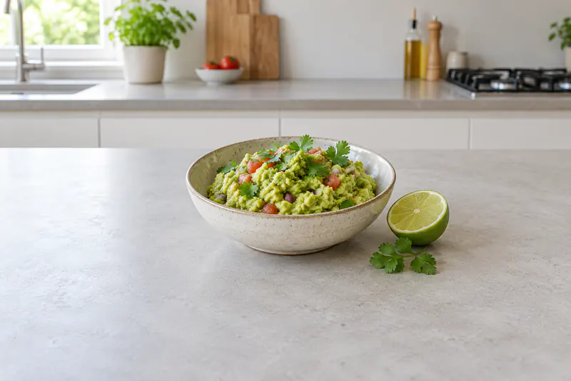 Een kom geprakte avocado met tomaat, rode ui en koriander, naast een halve limoen