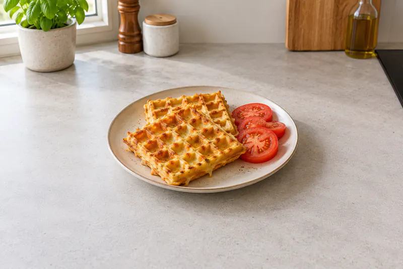 Twee goudbruine hartige wafels met plakjes tomaat op een bord