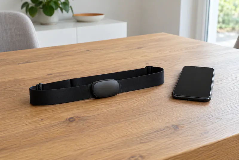 Een zwarte hartslagborstband met zender en een telefoon op een tafel