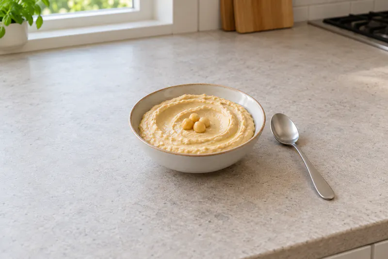 Een kom gladde hummus met drie kikkererwten en een lepel ernaast