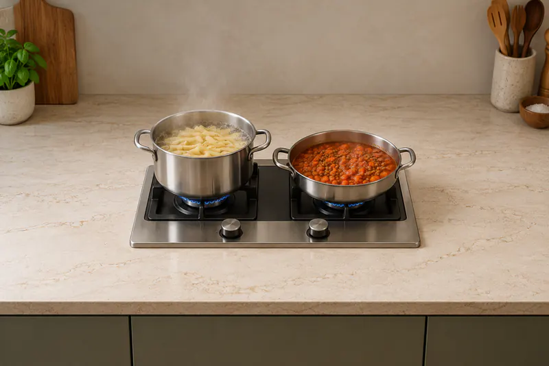 Een tweepits kooktoestel met een pan pasta en een pan tomatensaus met linzen en wortel