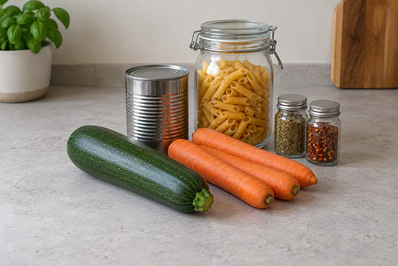 Courgette, drie wortels, een gesloten blik, droge pasta en kruiden op een aanrecht