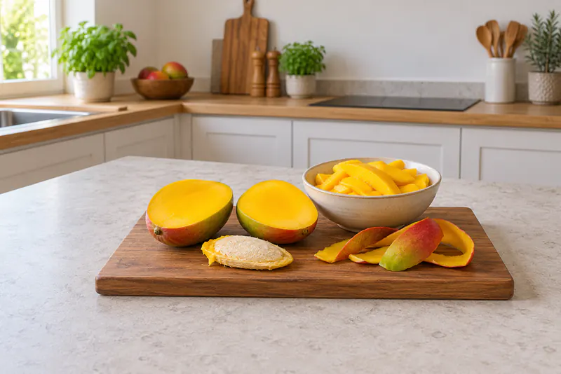 Twee mangowangen, een platte pit, schillen en een kom mangoreepjes op een plank