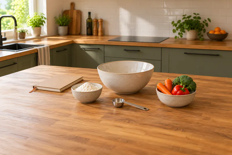 Een gesloten notitieboek, mengkom, meel, maatlepel en verse groente op een keukentafel