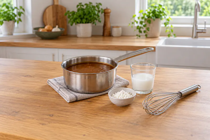 Een pan bruine saus, een glas wit papje, een kommetje wit poeder en een garde
