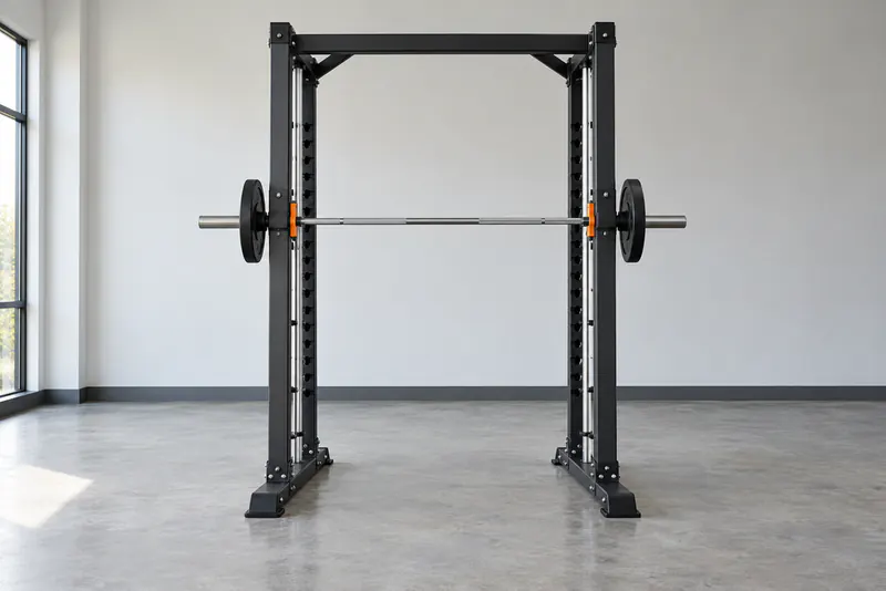 Een Smithmachine met een stang langs twee geleiders en een schijf aan iedere kant