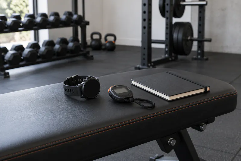 Een sporthorloge, stopwatch en gesloten notitieboek op een trainingsbank